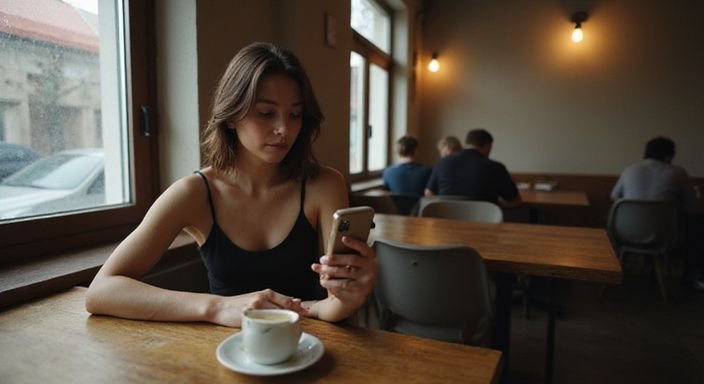 Eine nachdenkliche Frau betrachtet eine Dating-App in einem Café.