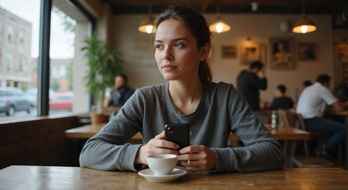 Eine Frau sitzt allein in einem Café und trinkt Espresso