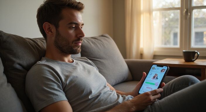 Ein junger Mann entspannt sich auf einer Couch und nutzt sein Smartphone.