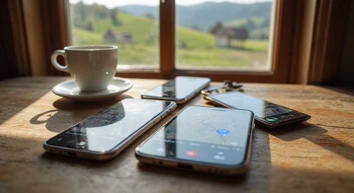 Mehrere Smartphones zeigen Dating-Apps mit landwirtschaftlichen Profilen auf einem Tisch.