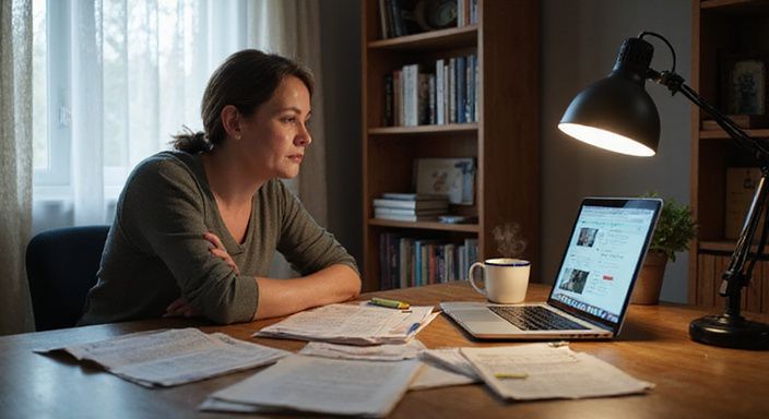 Eine Frau arbeitet konzentriert an ihrem Laptop in einem Heimbüro.