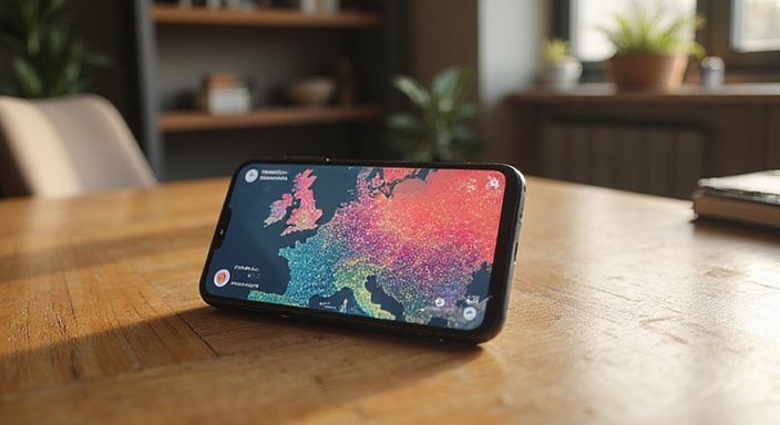 Ein Smartphone zeigt eine interaktive Deutschlandkarte mit Heatmap-Overlay.