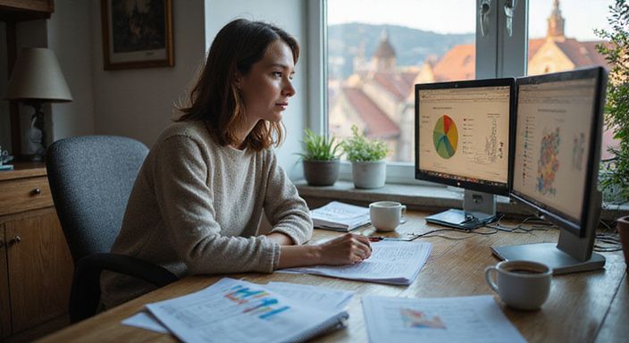 Eine konzentrierte Frau arbeitet an ihrem Schreibtisch mit Datenanalysen.