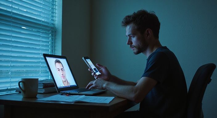 Ein Mann studiert konzentriert sein Dating-Profil für Flirt kontakte nach Bundesland in Österreich