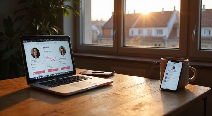 Moderner Arbeitsplatz mit Laptop, Smartphone und Notizen in Wiener Wohnung.