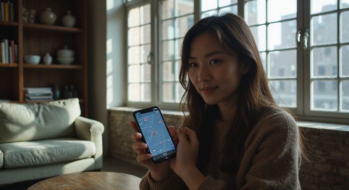 Eine Frau entdeckt eine Dating-App für Flirt kontakte nach Bundesland in Österreich in einem urbanen Apartment.