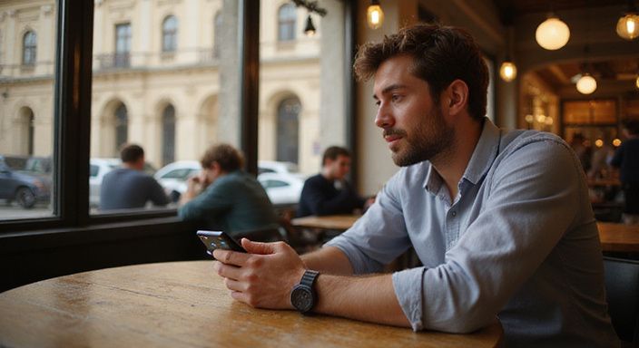 Ein junger Mann nutzt eine Dating-App für Flirt kontakte nach Bundesland in Österreich in einem Café.