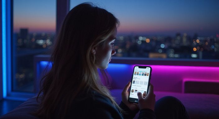 Eine Person nutzt eine Dating-App für Flirt kontakte nach Bundesland in Österreich auf ihrem Smartphone im Wohnzimmer.