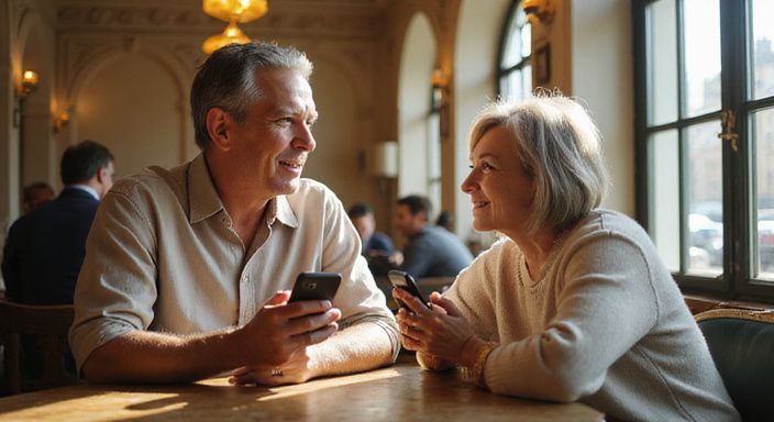 Ein älteres Paar nutzt Smartphones in einem Wiener Café.