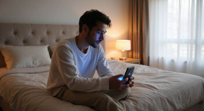 Eine Person sitzt nachdenklich auf dem Bett und nutzt ihr Smartphone und suche flirten und erotisch kontakt in Salzburg.