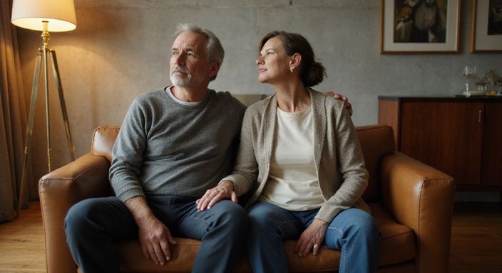 Zwei Personen sitzen entspannt auf einer abgenutzten Ledercouch.