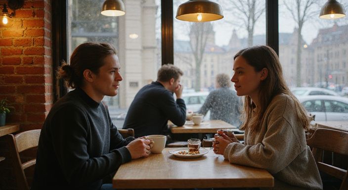 Zwei Personen genießen Kaffee und Gespräch über flirten und erotisch kontakt in Salzburg in einem gemütlichen Café.