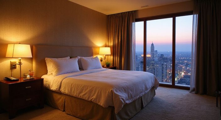 Luxuriöse Hotelsuite mit einem eleganten, einladenden Schlafzimmer-Design.