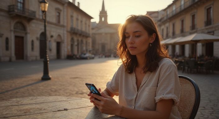 Eine Frau sitzt nachdenklich an einem bistrotisch und suche auf ihrem Smartphone nach flirten und erotisch kontakt in Salzburg.