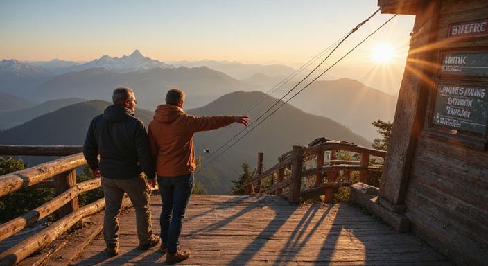 Zwei Wanderer genießen die Aussicht an einer Berghütte.
