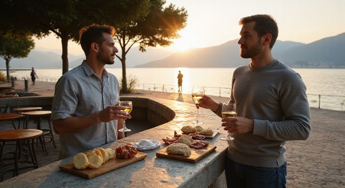 Zwei Männer genießen Wein und italienische Wurstwaren am Seeufer.