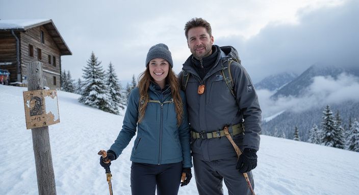 Ein Paar in Skiausrüstung genießt den Schnee auf einem Alpenhang.