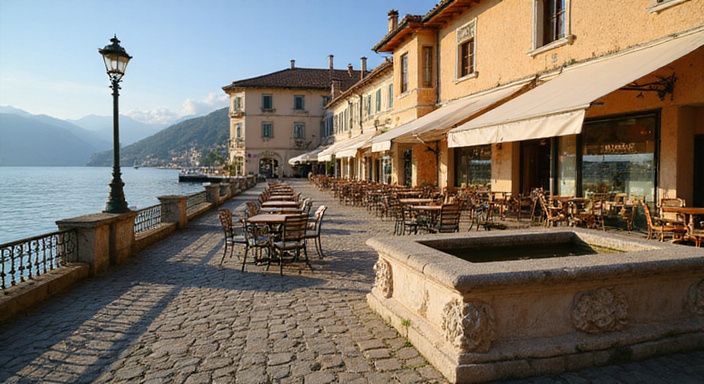 Idyllische Uferpromenade am Lago Maggiore mit charmanten, pastellfarbenen Gebäuden.