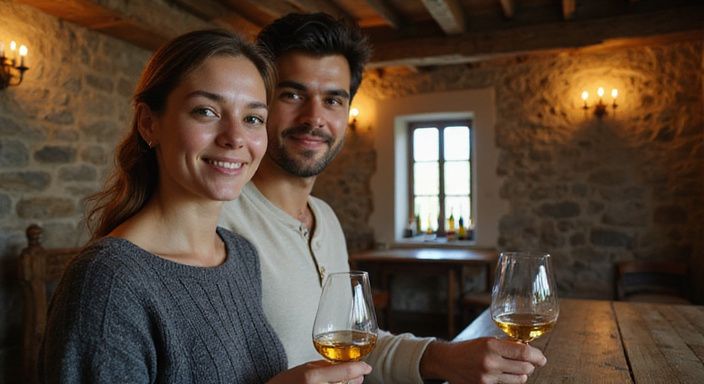 Ein Paar genießt Wein in einer traditionellen Weinstube.