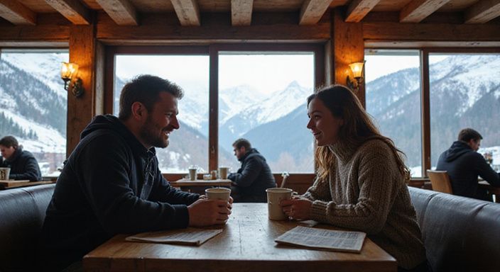 Zwei Erwachsene lachen bei Kaffee in einer Après-Ski-Lounge.