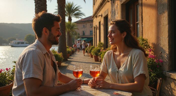 Ein Paar genießt Aperol Spritz in einem malerischen Café am See.