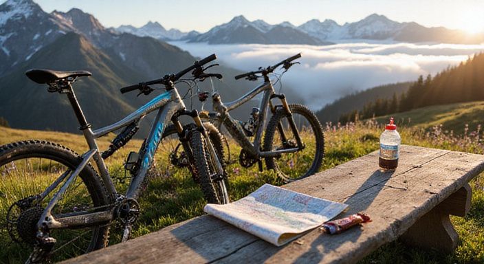 Zwei Mountainbikes lehnen an einer verwitterten Bank in den Alpen.