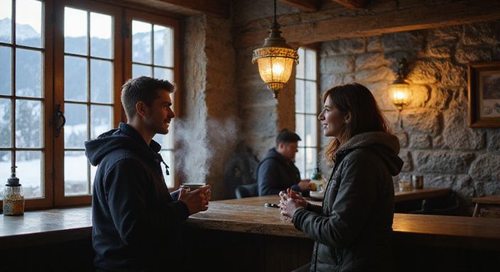 Zwei Personen unterhalten sich entspannt in einer rustikalen Après-Ski-Bar.