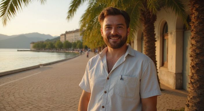 Ein lächelnder Mann steht entspannt an der Uferpromenade in Lugano.