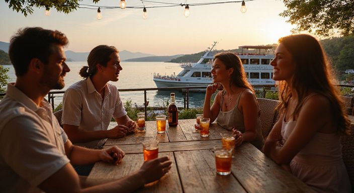 Junge Erwachsene genießen Cocktails und Gespräche auf einer Terrasse am Genfersee. Junge Erwachsene genießen Cocktails und Gespräche über flirten in Genf, Waadt oder Neuenburg auf einer Terrasse am Genfersee.