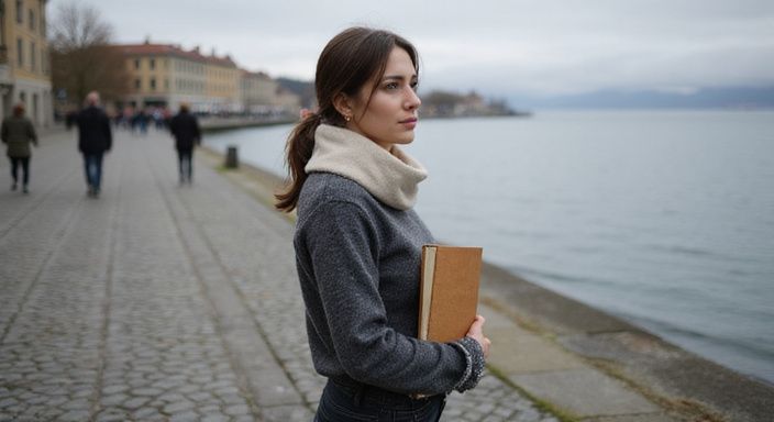 Eine junge Frau steht nachdenklich am Genfersee mit einem Lehrbuch. Eine junge Frau steht nachdenklich am Genfersee mit einem Lehrbuch.