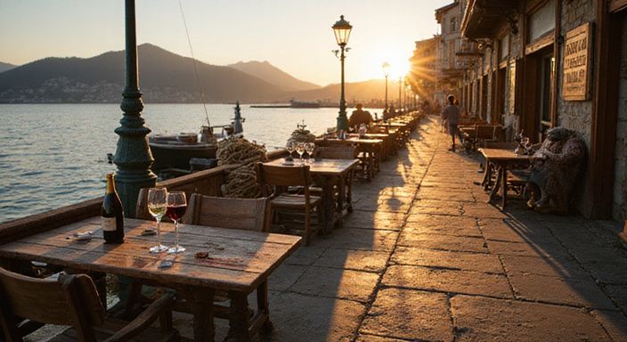 Gemütliche Atmosphäre an einem Hafen mit Wein und alpiner Architektur. Gemütliche Atmosphäre an einem Hafen mit Wein und alpiner Architektur.