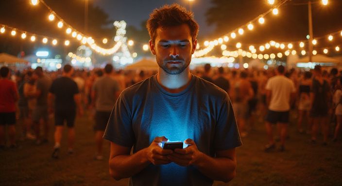 Ein Mann nutzt sein Smartphone auf einem vollen Musikfestival. Ein Mann nutzt sein Smartphone auf einem vollen Musikfestival und wollen flirten in Genf, Waadt oder Neuenburg.