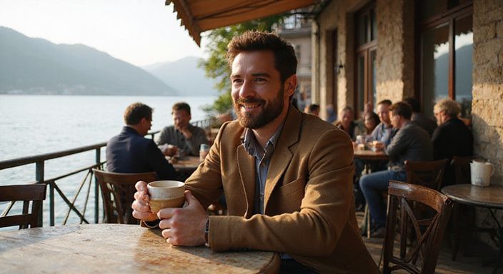 Ein junger Mann lächelt entspannt bei einem Kaffee am See
