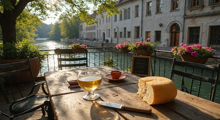 Rustikales Café am Fluss mit Käse, Wein und blühenden Pflanzen. Rustikales Café am Fluss mit Käse, Wein und blühenden Pflanzen.
