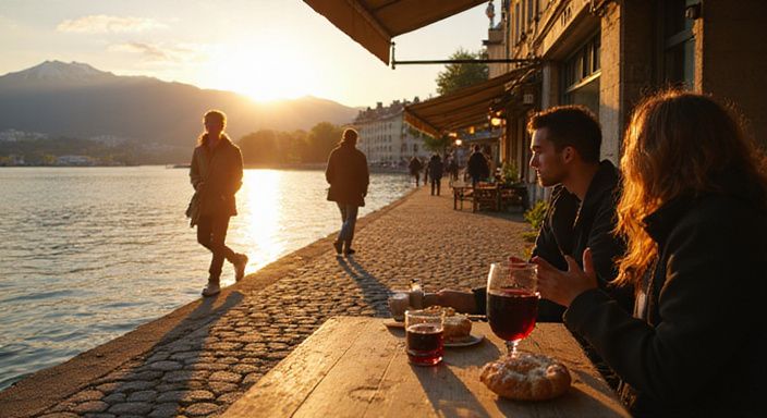 Junge Erwachsene genießen Zeit am Genfersee mit Essen und Wein. Junge Erwachsene genießen Zeit am Genfersee mit Essen und Wein.