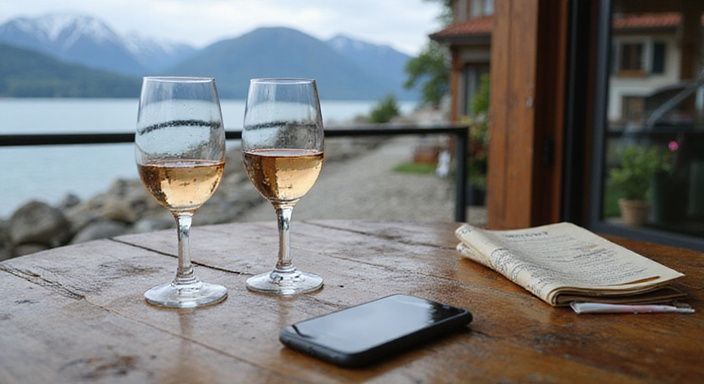 Café-Terrasse am Genfersee mit Wein, Holz und Alpenblick. Café-Terrasse am Genfersee mit Wein, Holz und Alpenblick.