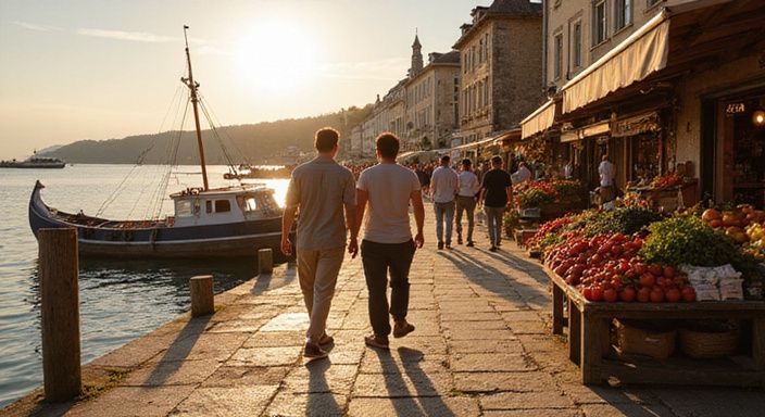 Menschen schlendern entspannt am Ouchy Hafen mit Bauernmarktständen. Menschen schlendern entspannt am Ouchy Hafen mit Bauernmarktständen.