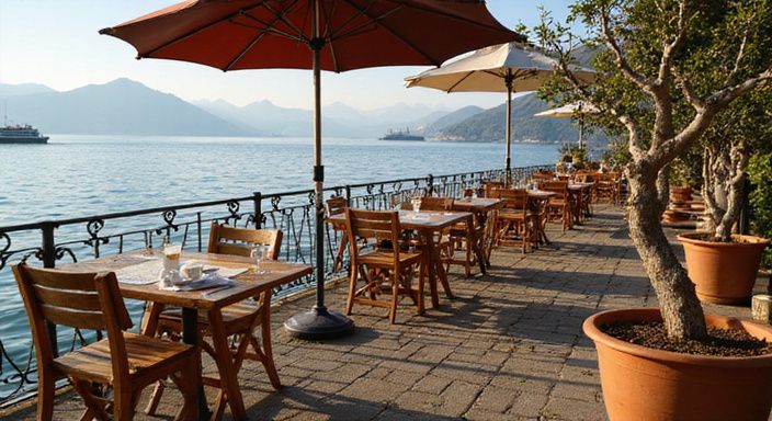 Ein lebendiges Café am See mit rustikalen Möbeln und Blick auf die Alpen. Ein lebendiges Café am See mit rustikalen Möbeln und Blick auf die Alpen.