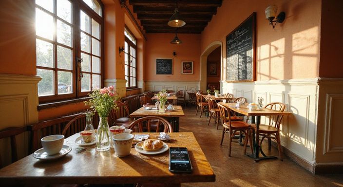 Ein traditionelles Café mit charmanten, abgenutzten Möbeln und köstlichen Gebäck. Ein traditionelles Café mit charmanten, abgenutzten Möbeln und köstlichen Gebäck.