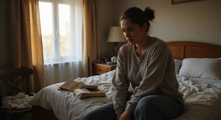 Eine besorgte Frau sitzt nachdenklich auf einem ungemachten Bett. Eine besorgte Frau sitzt nachdenklich auf einem ungemachten Bett und wollen ein Geheime Affäre.