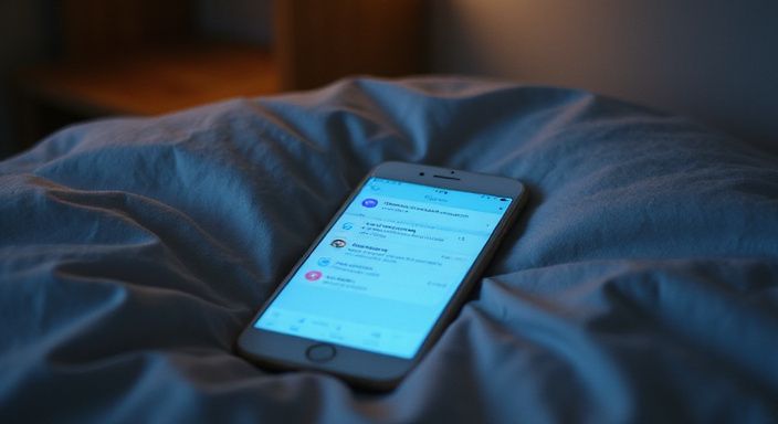 Ein Smartphone zeigt Dating-App-Benachrichtigungen auf zerknitterten Bettlaken. Ein Smartphone zeigt Dating-App-Benachrichtigungen auf zerknitterten Bettlaken.