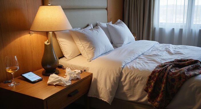 Ein unordentliches Boutique-Hotelzimmer mit persönlichen Gegenständen und eleganter Dekoration. Ein unordentliches Boutique-Hotelzimmer mit persönlichen Gegenständen und eleganter Dekoration.