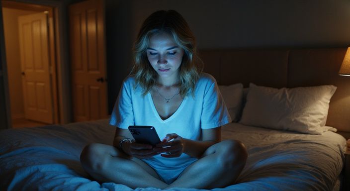 Eine Frau in den Vierzigern sitzt nachdenklich auf einem ungemachten Bett. Eine Frau in den Vierzigern sitzt nachdenklich auf einem ungemachten Bett.