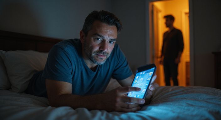 Ein besorgter Mann sitzt müde auf einem ungemachten Bett. Ein besorgter Mann sitzt müde auf einem ungemachten Bett.
