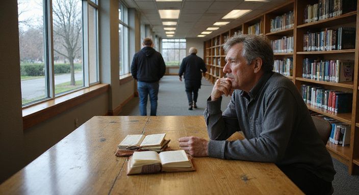 Ein nachdenklicher Mittelalterlicher sitzt allein an einem Tisch in der Bibliothek. Ein nachdenklicher Mittelalterlicher sitzt allein an einem Tisch in der Bibliothek.