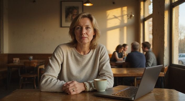 Eine Frau in einem Café mit nachdenklichem Ausdruck beim Arbeiten.