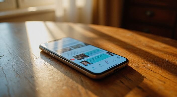 Ein Smartphone zeigt eine Dating-App für geheimer Sexkontakt auf einem Holztisch.