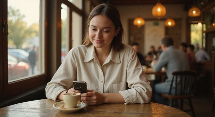 Eine nachdenkliche Frau sitzt alleine an einem Tisch in einem Café und suche nach geheimer Sexkontakt.