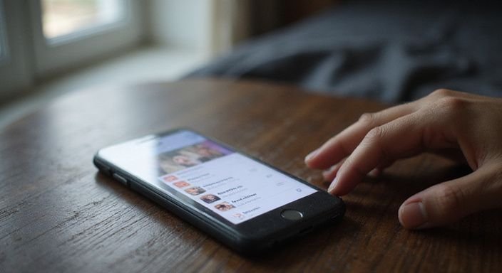 Ein Smartphone zeigt eine Dating-App für geheimer Sexkontakt auf einem Holzschreibtisch.