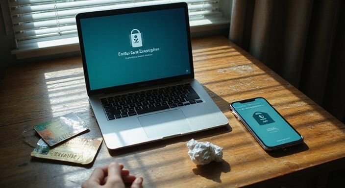 Ein MacBook Pro mit Signal-Oberfläche und persönlichen Gegenständen auf einem Tisch.